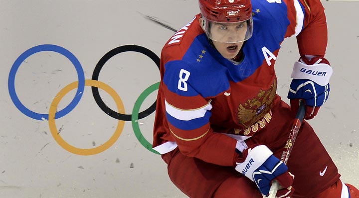 Russia's Alexander Ovechkin waits for a pass during the Men's Ice Hockey Group A match between Russia and Slovakia at the Bolshoy Ice Dome in Sochi during the Sochi Winter Olympics on February 16, 2014. 