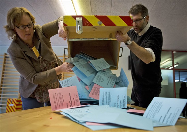 Electoral workers empty a ballot box at a makeshift polling station after Swiss voters went to the polls to decide on a proposal to cap immigration to the Alpine republic, in the center of Geneva, Switzerland, Sunday, Feb. 9, 2014. The nationalist Swiss People’s Party demands a stop for immigration to Switzerland. 