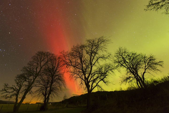 The northern lights are visible over Carrbridge, Scotland on Feb. 27, 2014.