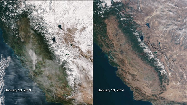 This image provided by NOAA compares January 13, 2013 and January 13, 2014 snow cover in Northern California and Nevada. California, which is seeing its driest conditions in 500 years, is experiencing extreme drought in more than 62 percent of the state.