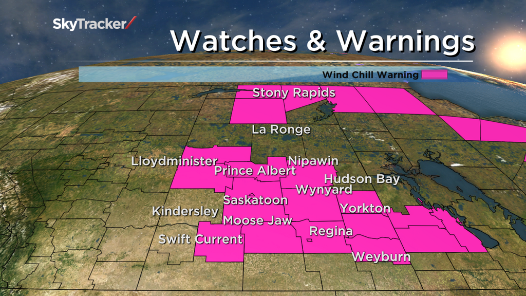 A wind chill warning was in place for Saskatoon, Regina and much of central and southern Saskatchewan.