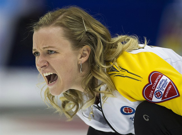 Team Manitoba skip Chelsea Carey shouts during a game against Quebec at the Scotties Tournament of Hearts in Montreal.