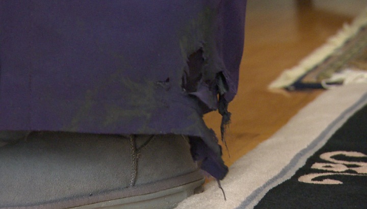 The bottom of Joyce Ostroff’s coat after it was caught in the escalator at Fabre metro station in Montreal.