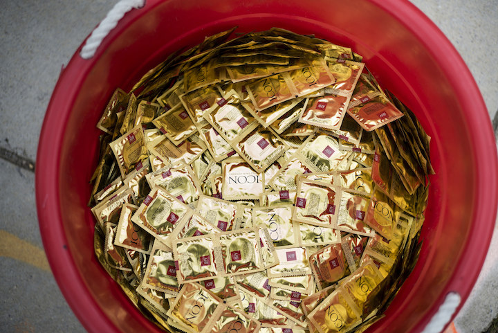 A bucket full of condoms. 