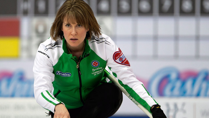 Saskatchewan skip Stefanie Lawton takes a shot aduring her match against Quebec at the Scotties Tournament of Hearts draw eight curling action Tuesday, February 4, 2014 in Montreal.