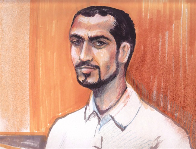Omar Khadr is pictured in a courtroom sketch from Edmonton, Sept.23, 2013. 