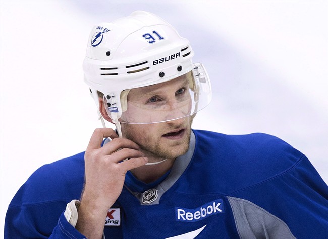 Tampa Bay Lightning forward Steven Stamkos takes part in practice in Toronto on Tuesday, January 28, 2014. Stamkos says he'll return to the Tampa Bay Lightning lineup tomorrow, four months after breaking his right leg.