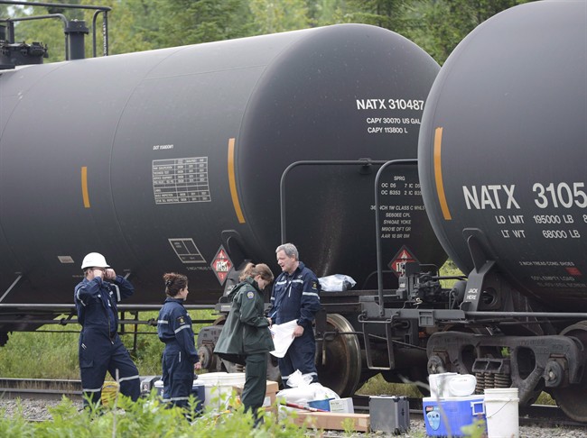 Investigators look over tanker cars pulled from the Lac-Megantic in Nantes, Que., on July 11, 2013.