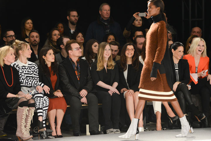 Colin Farrell, Petra Nemcova, Trudie Styler, Mickey Sumner, America Ferrera, Bono, Chelsea Clinton and Lucy Liu front row at Edun - Mercedes-Benz Fashion Week Fall 2014 at Skylight Modern on February 9, 2014 in New York City.
