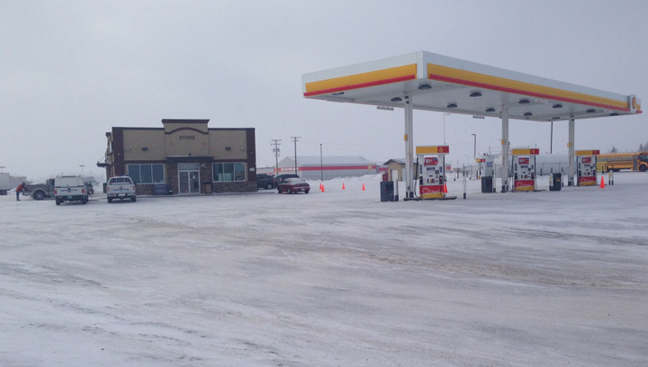 Armed robbers tie up employee; steal cash, smokes, lottery tickets from the Shell gas station in Hague, Sask., on Friday, Feb. 14, 2014.
