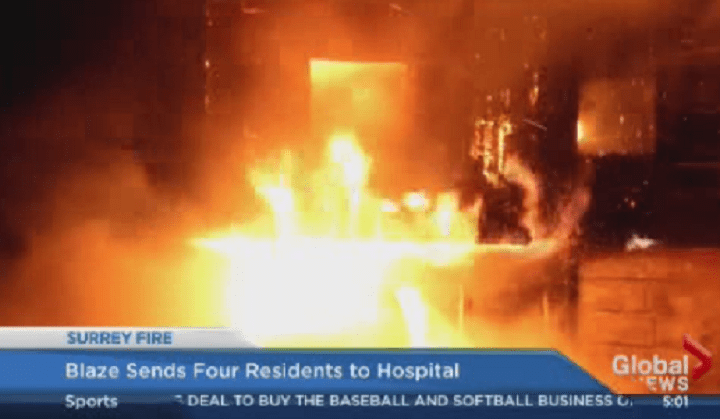 Fire breaks out in Surrey apartment building on February 13, 2014. 