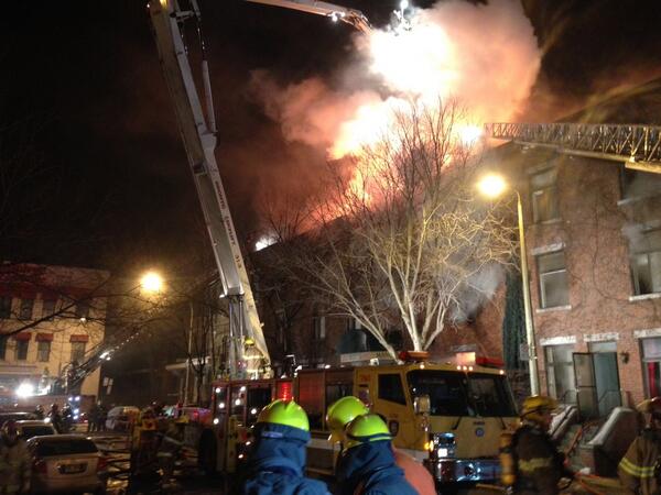A photo of a 5-alarm fire in downtown Montreal snapped by the city's mayor, Denis Coderre on February 28, 2014.