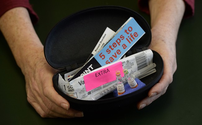 FILE: A naloxone kit from Toronto Public Health is shown in a Friday, Feb. 14, 2014 photo. 