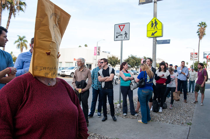 A crowd lines up outside Shia LaBeouf's art installation in Los Angeles on Feb. 11, 2014.