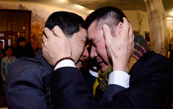 South Korean Park Yang-gon, left, and his North Korean brother Park Yang Soo get emotional as they met during the Separated Family Reunion Meeting at Diamond Mountain resort in North Korea, Thursday, Feb. 20, 2014.  