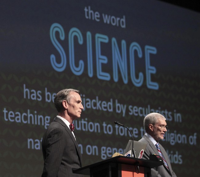 Creation Museum head Ken Ham, right, speaks during a debate on evolution with TV's "Science Guy" Bill Nye, at the Creation Museum Tuesday, Feb. 4, 2014, in Petersburg, Ky.