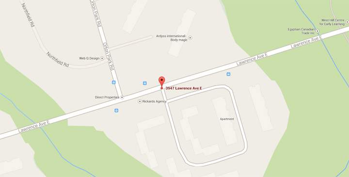Map showing the area of Lawrence Ave. E. and Orton Park Rd.