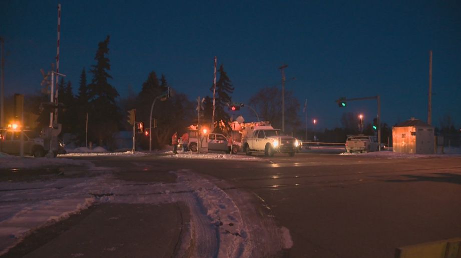 The collision, which appears to have involved a vehicle and a train, happened along 50 Ave. between 46 and 47 St.  