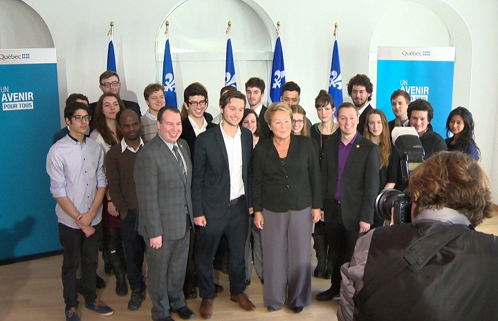 Quebec premier Pauline Marois and MNA Léo Bureau-Blouin unveiled a new initiative aimed at helping the province's youth on February 4, 2014.