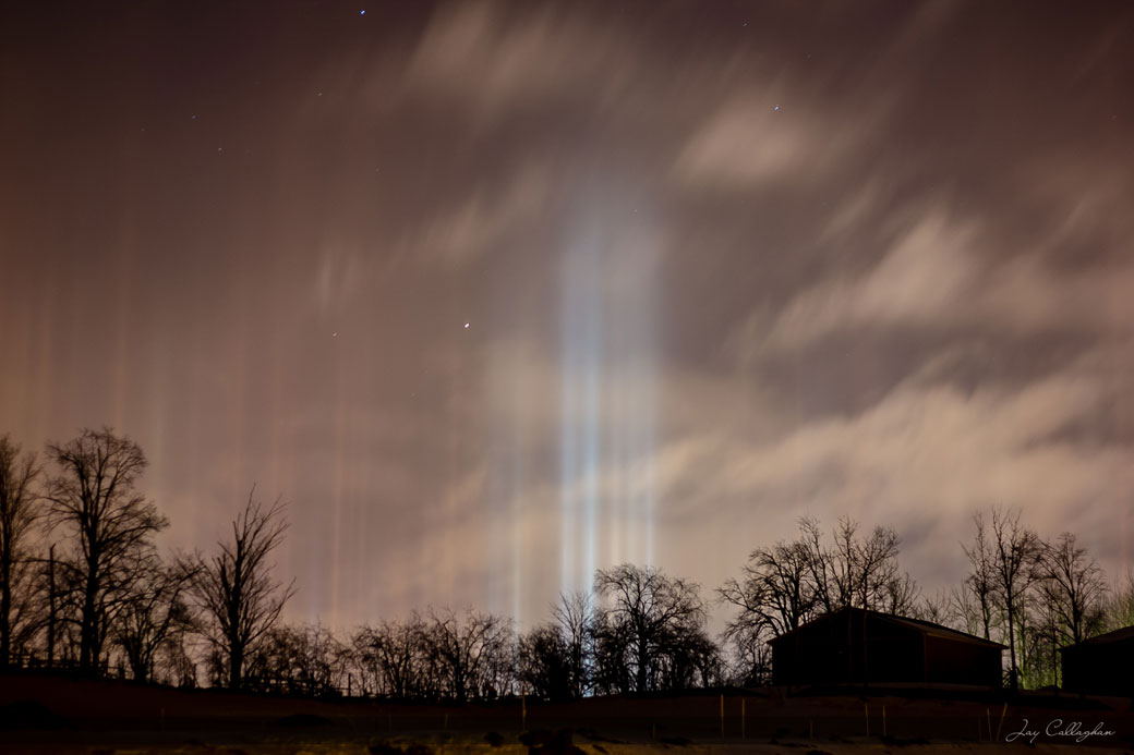 Another view of light pillars over Peterborough, Ontario.