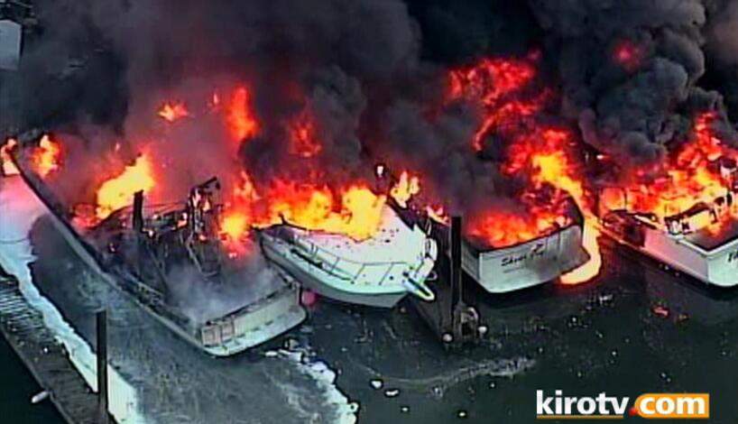 Boats on fire at a marina in La Conner, Washington