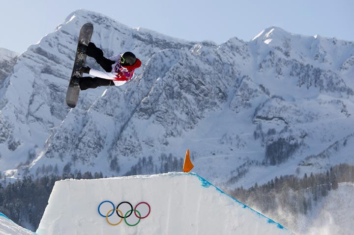 Canada's Mark McMorris flies through the air during a training run prior to a qualification run at the Sochi Winter Olympics in Krasnaya Polyna, Russia, Thursday, Feb. 6, 2014. (The Canadian Press/Jonathan Hayward)
.