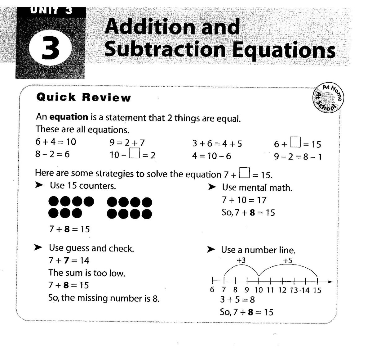 An example of a Grade 3 addition and subtraction lesson showing four different strategies to solve a simple equation.