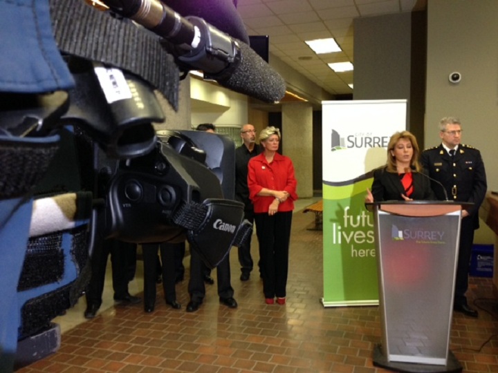 Surrey Mayor Dianne Watts addresses reporters regarding their task force recommendations.
