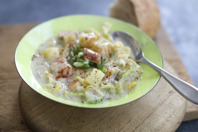 A mandoline helps pair potatoes with baked haddock