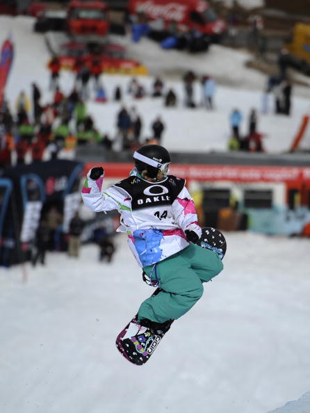 Canada's Mercedes Nicoll competes to take the third place during the final World Cup snowboard women's Halfpipe in La Molina on March 20, 2010. 