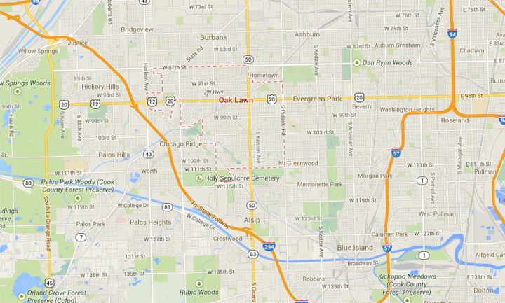 Map showing the location of the Chicago suburb Oak Lawn.