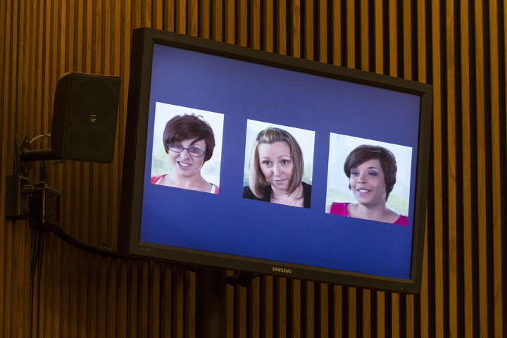 A screenshot from a video released by the three victims of Ariel Castro, (L-R) Michelle Knight, Amanda Berry and Gina DeJesus, is displayed during Castro's sentencing at the Cleveland Municipal Courthouse on August 1, 2013 in Cleveland, Ohio. 