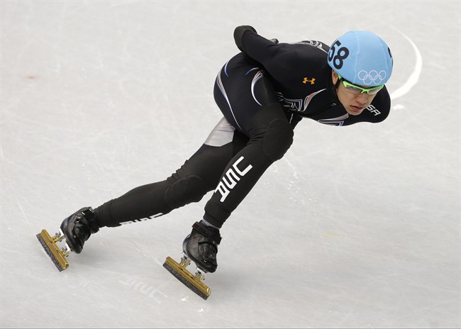 J.R. Celski of the United States competes in a men's 1000m short track speedskating. 