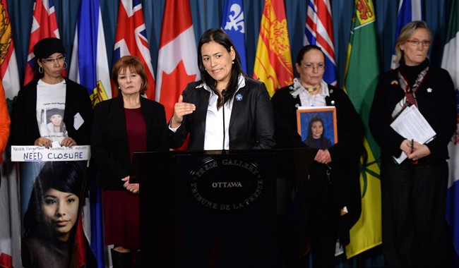 Native Women’s Association of Canada President Michele Audette speaks during a press conference on Parliament Hill in Ottawa on Thursday, February 13, 2014. 