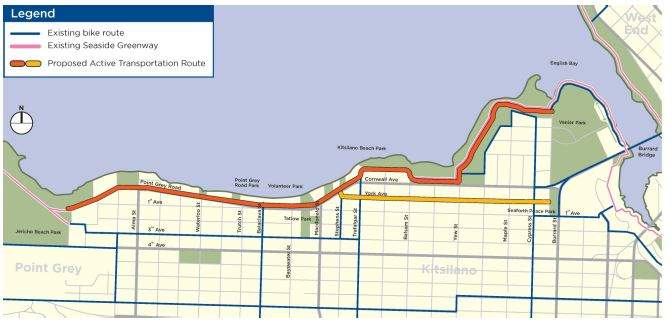 This City of Vancouver diagram shows how the proposed lane would have linked together the English Bay Greenway with the new route on Point Grey Road (and onwards to Jericho Beach) .