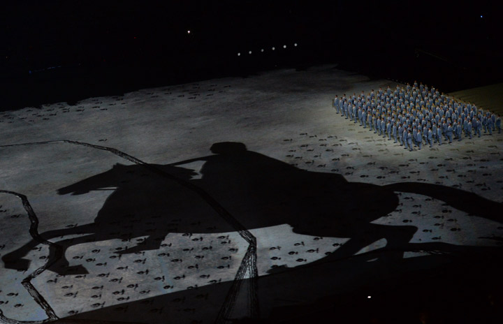 The silhouette showing the horse of Tsar Peter the Great is seen rearing during the Opening Ceremony of the Sochi Winter Olympics at the Fisht Olympic Stadium on February 7, 2014 in Sochi. Photo: YURI KADOBNOV/AFP/Getty Images
