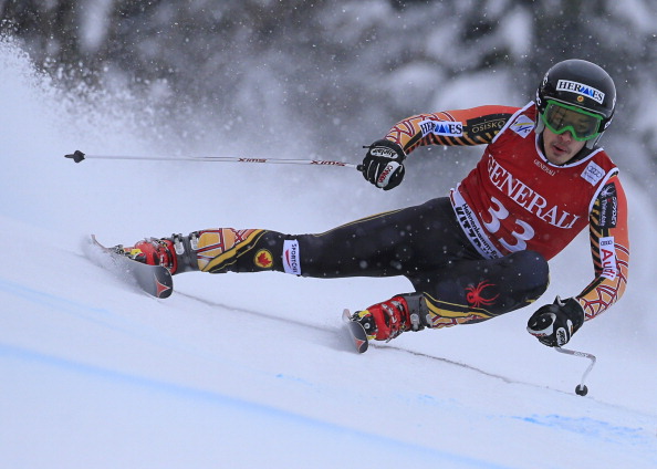 Canada's Morgan Pridy competes during the FIS men's Alpine ski World Cup Super G race in Kitzbuehel on January 26, 2014.