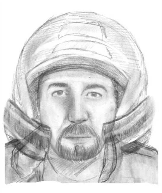 FILE - This file image released on Nov. 4, 2013, by the SIRPA Gendarmerie, shows a sketch of a motorcyclist wanted in connection with the murders of four people in the Alps last year. French authorities have detained a 48-year-old Frenchman in connection with the grisly shooting death of a British-Iraqi man and three others in the French Alps nearly 18 months ago. State prosecutor Eric Maillaud of the eastern city of Annecy said the man was detained Tuesday Feb. 18, 2014 following witness accounts after authorities issued a sketch of a possible suspect wearing a helmet in November. 