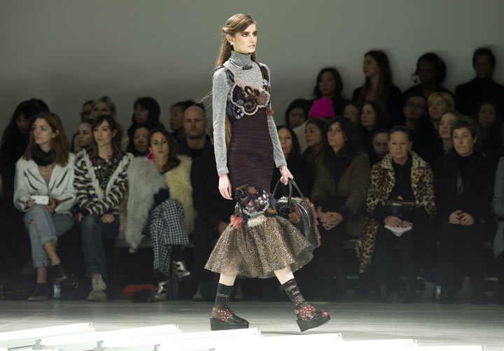A model wears designs by Rodarte during the Mercedes-Benz Fashion Week Fall/Winter 2014 shows February 11, 2014 in New York.