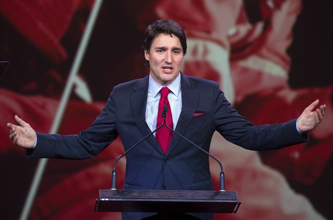 Federal Liberal leader Justin Trudeau makes his opening remarks at the party's Biennial convention Thursday,