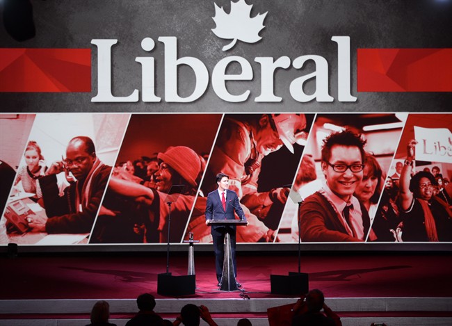 Liberal Leader Justin Trudeau addresses his party's policy convention biennial convention Thursday, February 20, 2014 in Montreal.