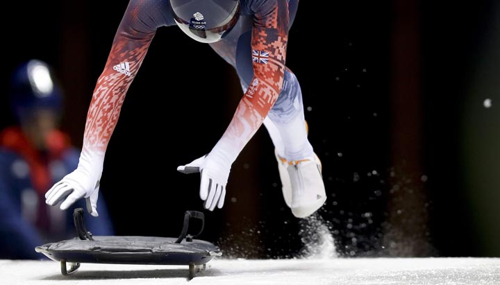 Britain’s Kristian Bromley starts his training run prior to the 2014 Winter Olympics, in Krasnaya Polyana, Russia. (AP Photo/Natacha Pisarenko)