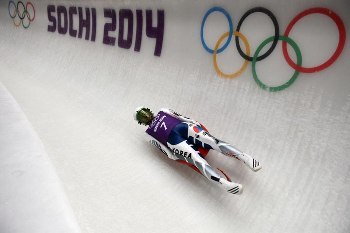 South Korea’s Sung Eunryung races during a women’s Luge training session at the Sanki Sliding Centre in Rosa Khutor on February 6, 2014. (Lionel Bonaventure/AFP/Getty Images)