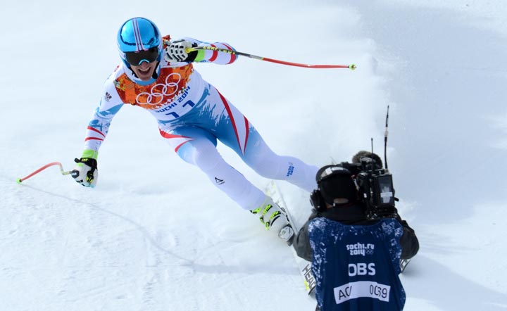 Austria's Matthias Mayer reacts in the finish area during the Men's Alpine Skiing Downhill at the Rosa Khutor Alpine Center during the Sochi Winter Olympics on February 9, 2014. 