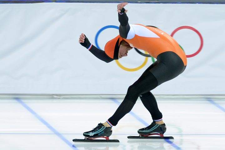 Netherlands’ Michel Mulder celebrates after the Men’s Speed Skating 500 m at the Adler Arena during the Sochi Winter Olympics on February 10, 2014. (Damien Meyer/AFP/Getty Images)