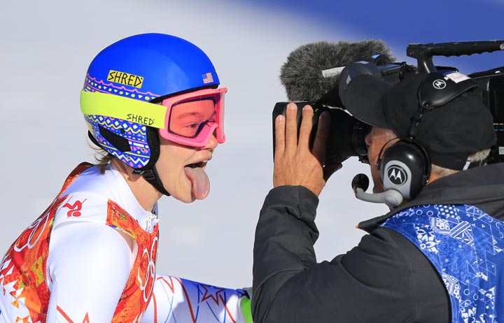 U.S. skier Laurenne Ross reacts after the Women’s Alpine Skiing Downhill at the Rosa Khutor Alpine Center during the Sochi Winter Olympics on February 12, 2014. (Alexander Klein/AFP/Getty Images)