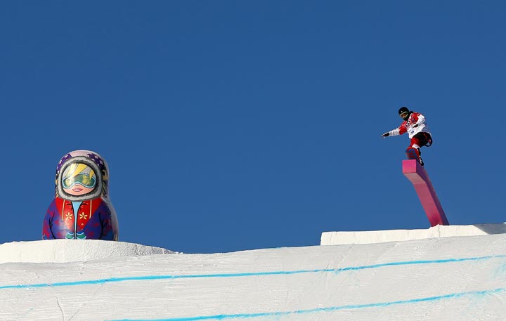 A rider practices during training for Snowboard Slopestyle at the Extreme Park at Rosa Khutor Mountain on February 3, 2014 in Sochi, Russia. (Mike Ehrmann/Getty Images)
