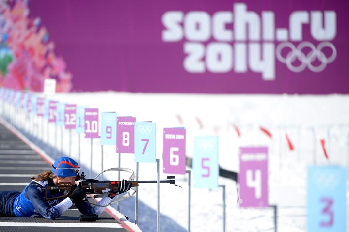 Susan Dunklee of United States shoots during a Biathlon training session ahead of the Sochi 2014 Winter Olympics at Laura Cross-Country Ski and Biathlon Center, Mountain Cluster on February 3, 2014 in Sochi, Russia. (Harry How/Getty Images)