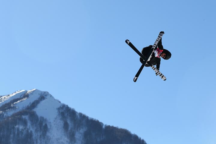 An athlete trains during Ski Slopestyle practice at the Extreme Park at Rosa Khutor Mountain ahead of the Sochi 2014 Winter Olympics on February 3, 2014 in Sochi, Russia (Cameron Spencer/Getty Images)