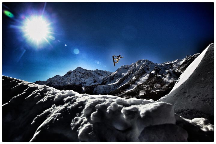 An athlete trains during Snowboard Slopestyle practice at the Extreme Park at Rosa Khutor Mountain ahead of the Sochi 2014 Winter Olympics on February 3, 2014 in Sochi, Russia. (Cameron Spencer/Getty Images)
